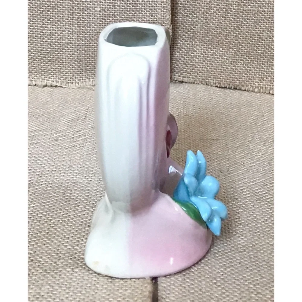 Vintage OPCO Pottery Pink Vase w Blue Applied Flower Granny Cottage Core Romance
